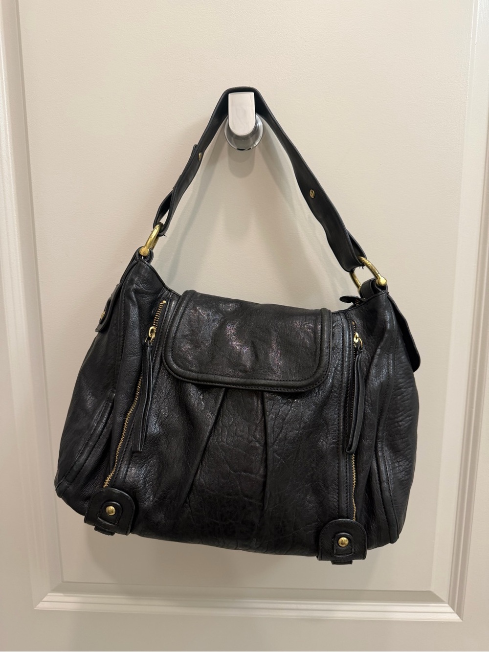 Kooba - Black Leather Hobo Shoulder Bag w Zippers